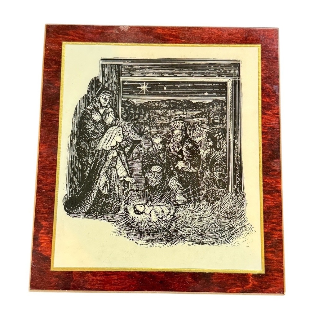 Lauren Ford Pyraglass Panel Regina Laudis Nativity Scene Wood‎ Plaque 6.5x5.75"